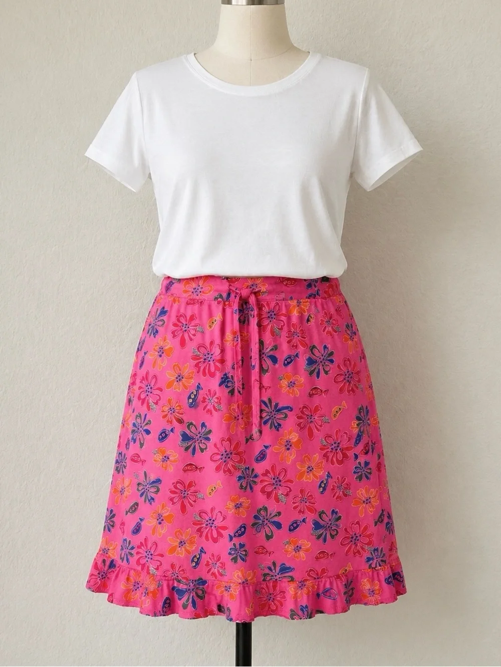 FRESH PRODUCE A-line Midi Skirt M Pull-On Floral Fish Print Beach Resort Summer - Picture 11 of 11